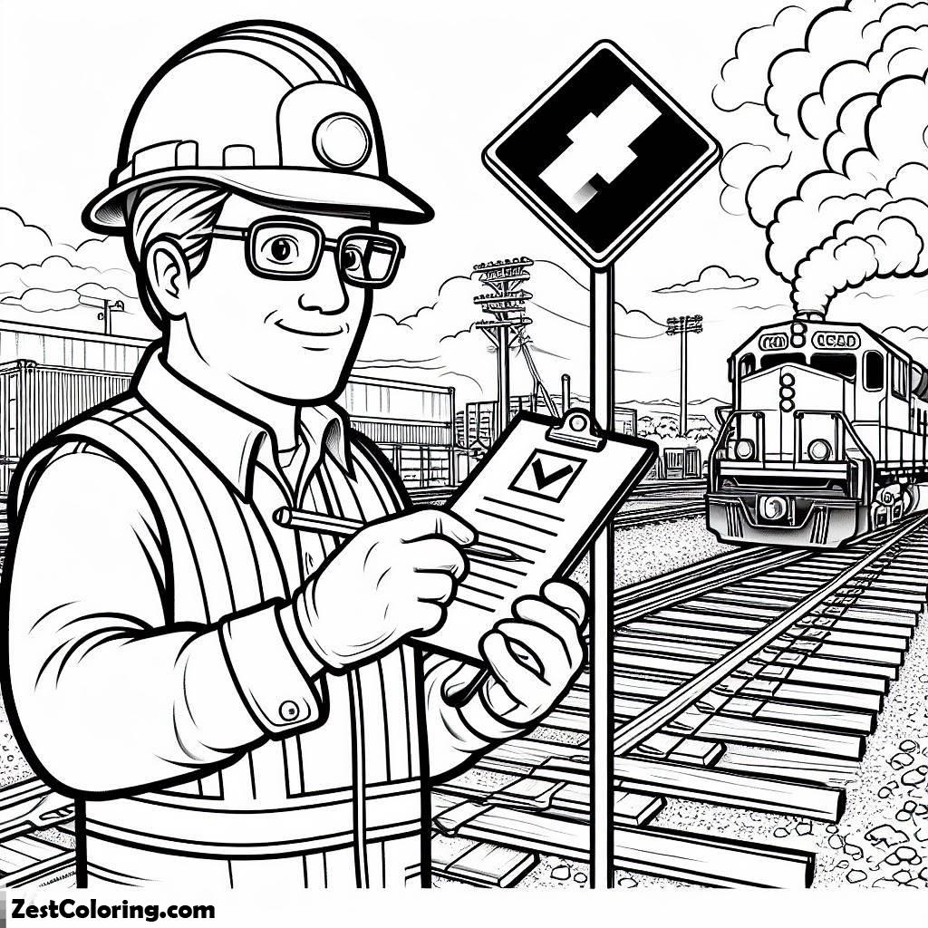 Rail Road, Worker Checking For Railroad Safety Coloring Page: Worker Checking For Railroad Safety Coloring PageFull Size Image