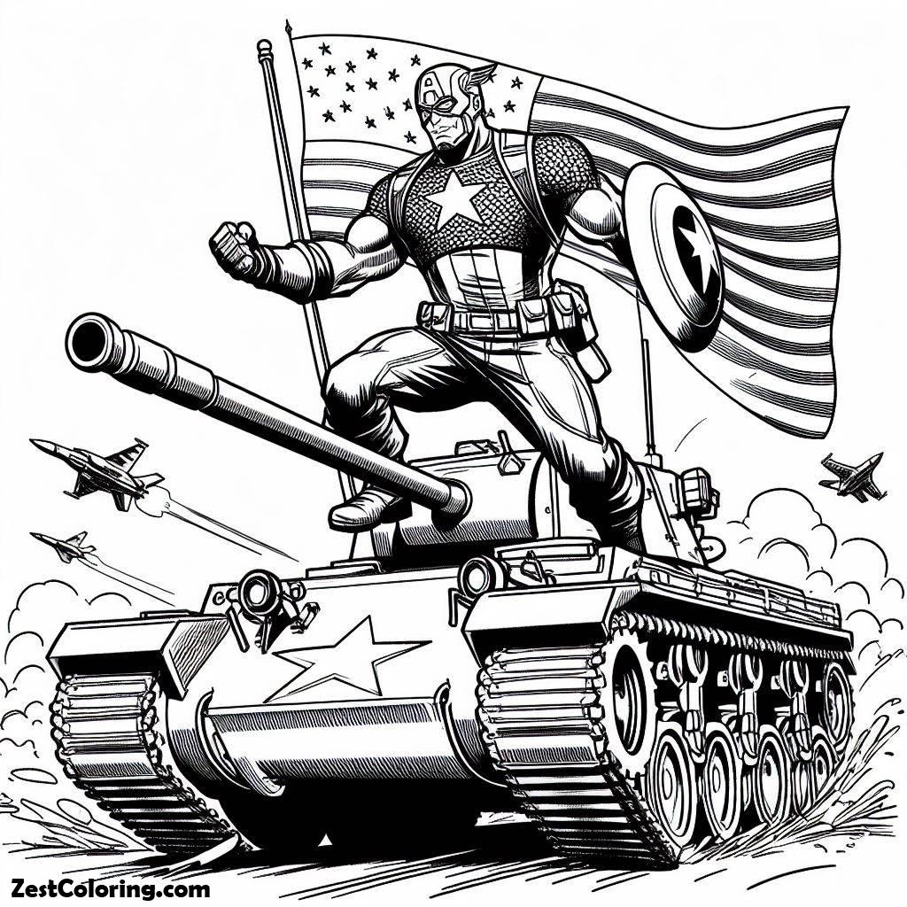 Captain America, Captain America On A Tank Coloring Page: Captain America On A Tank Coloring PageFull Size Image