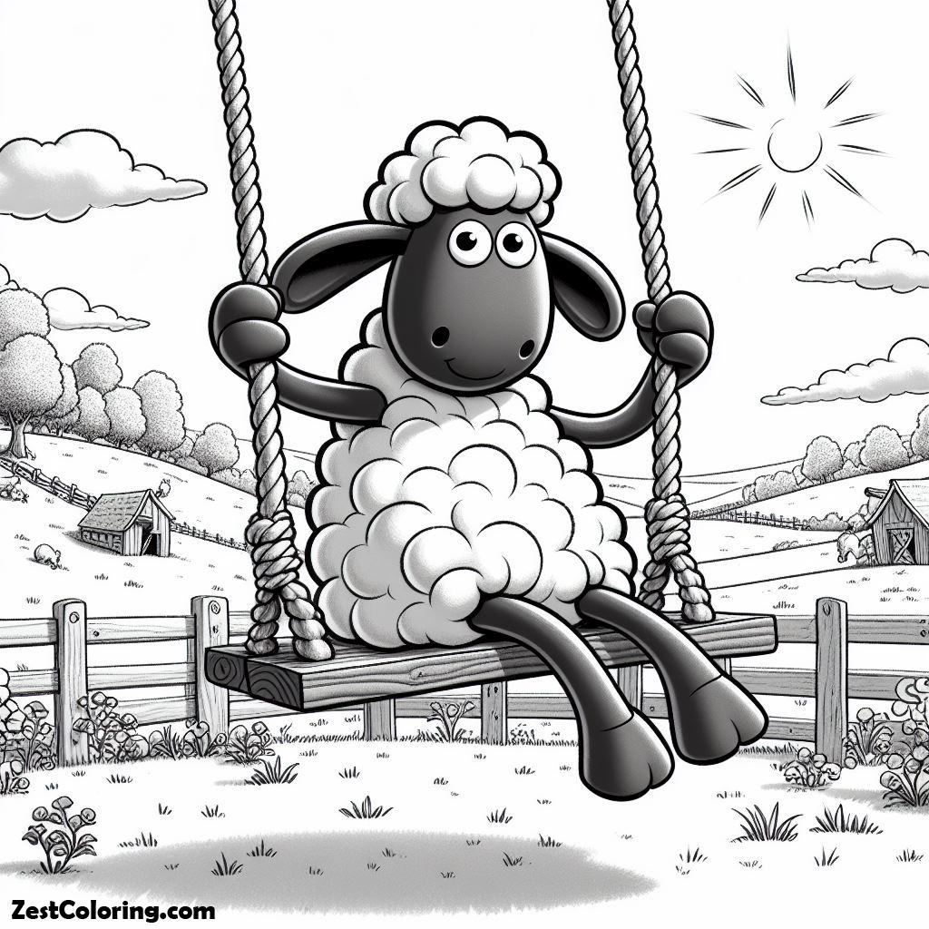 Shaun The Sheep, Shaun The Sheep Is Playing On The Swing At The Yard Coloring Page: Shaun The Sheep Is Playing On The Swing At The Yard Coloring PageFull Size Image