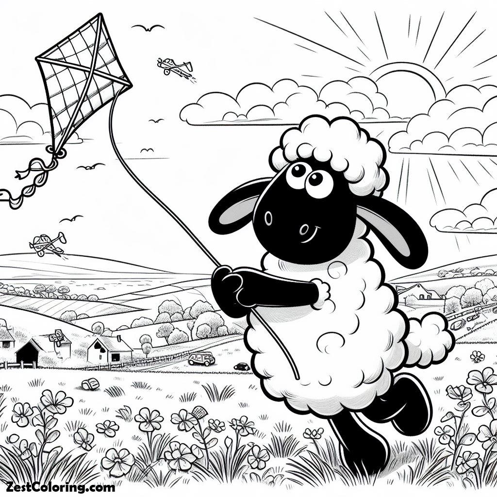 Shaun The Sheep, Shaun The Sheep Playing Kite At The Hills Coloring Page: Shaun The Sheep Playing Kite At The Hills Coloring PageFull Size Image