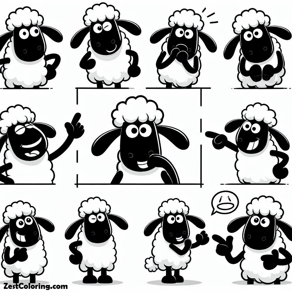Shaun The Sheep, Shaun The Sheep Various Gesture Download Free Coloring Page: Shaun The Sheep Various Gesture Download Free Coloring PageFull Size Image