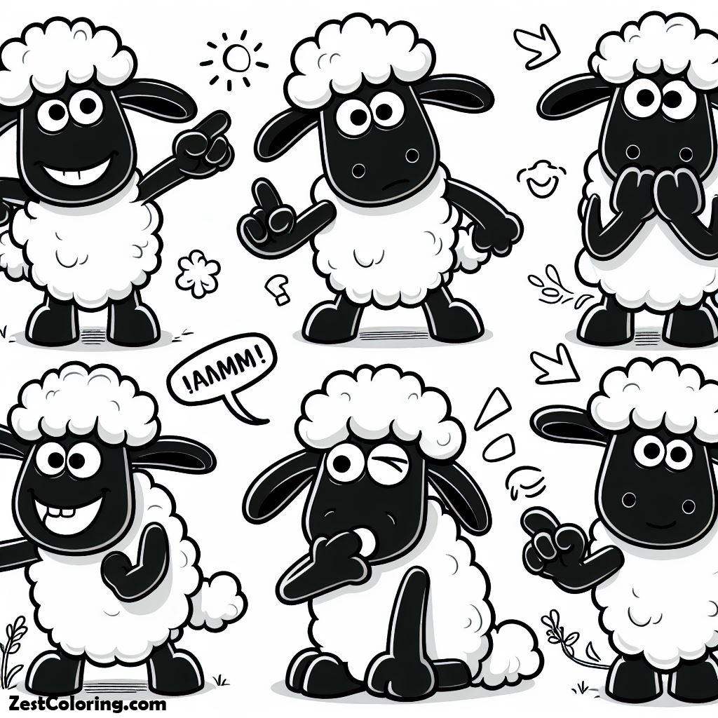 Shaun The Sheep, Shaun The Sheep Various Gesture Free Download Coloring Page: Shaun The Sheep Various Gesture Free Download Coloring PageFull Size Image