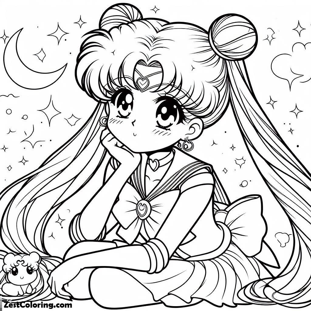 Sailor Moon, Usagi Chan Was Pensive While Looking At The Sky In Sailor Moon Coloring Page: Usagi Chan Was Pensive While Looking At The Sky In Sailor Moon Coloring PageFull Size Image