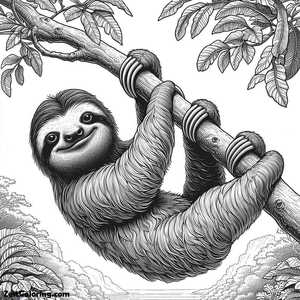 Sloth, Four Toed Sloth Hanging On Tree Branch Coloring Page: Four Toed Sloth Hanging On Tree Branch Coloring PageFull Size Image