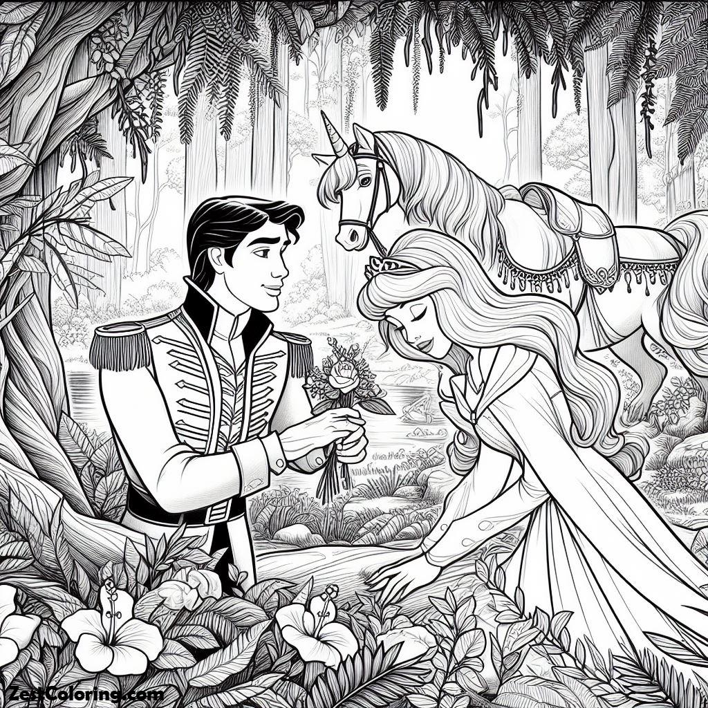 Sleeping Beauty, Prince Phillip Love At First Sight With Princess Aurora When They Met In The Jungle In Sleeping Beauty Coloring Page: Prince Phillip Love At First Sight With Princess Aurora When They Met In The Jungle In Sleeping Beauty Coloring PageFull Size Image