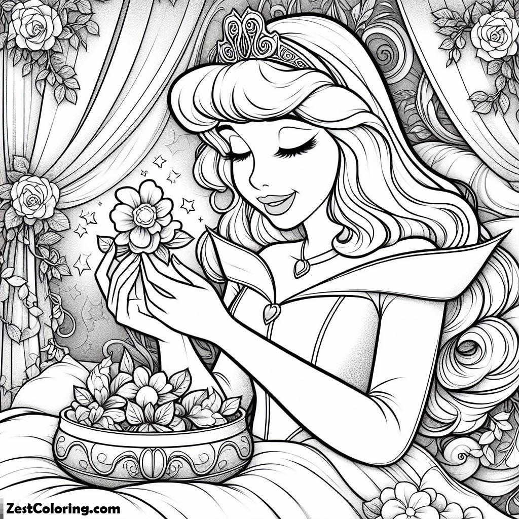 Sleeping Beauty, Princess Aurora Count Her Luck With Flower In Sleeping Beauty Coloring Page: Princess Aurora Count Her Luck With Flower In Sleeping Beauty Coloring PageFull Size Image