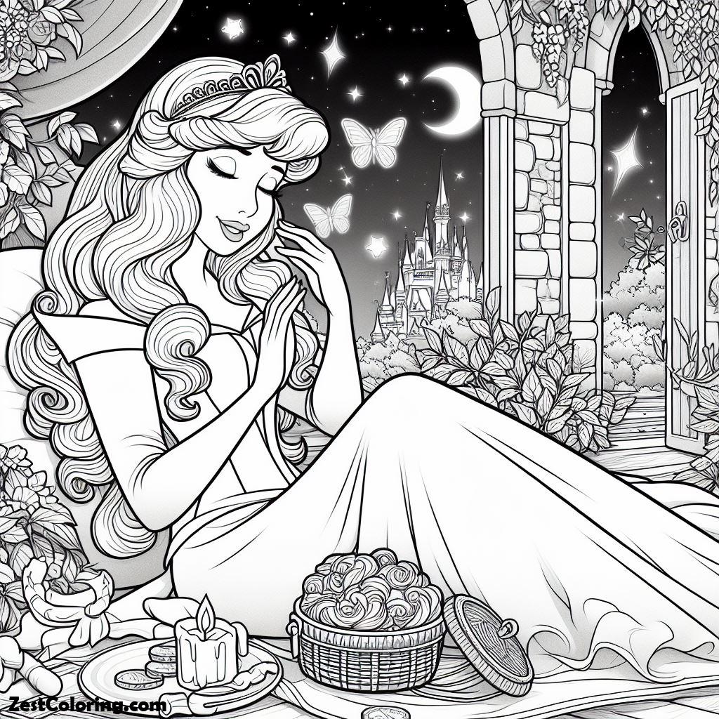 Sleeping Beauty, Princess Aurora Enjoy The Night At The Yard In Sleeping Beauty Coloring Page: Princess Aurora Enjoy The Night At The Yard In Sleeping Beauty Coloring PageFull Size Image
