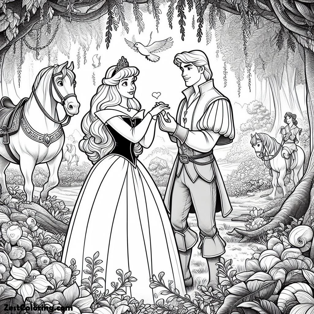 Sleeping Beauty, Princess Aurora Meet Prince Phillip In The Jungle In Sleeping Beauty Coloring Page: Princess Aurora Meet Prince Phillip In The Jungle In Sleeping Beauty Coloring PageFull Size Image