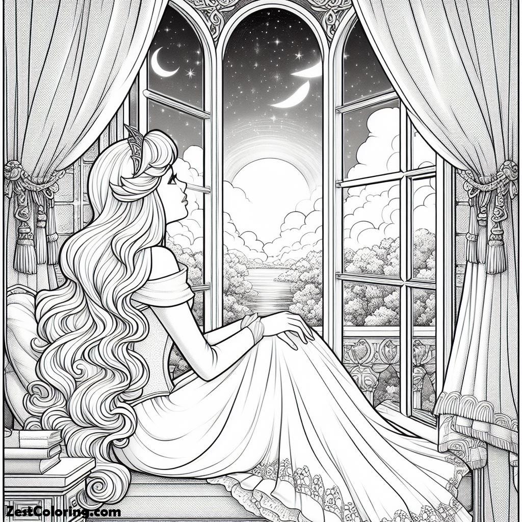 Sleeping Beauty, Princess Aurora Open Her Window And Looking At The Sky In Sleeping Beauty Coloring Page: Princess Aurora Open Her Window And Looking At The Sky In Sleeping Beauty Coloring PageFull Size Image