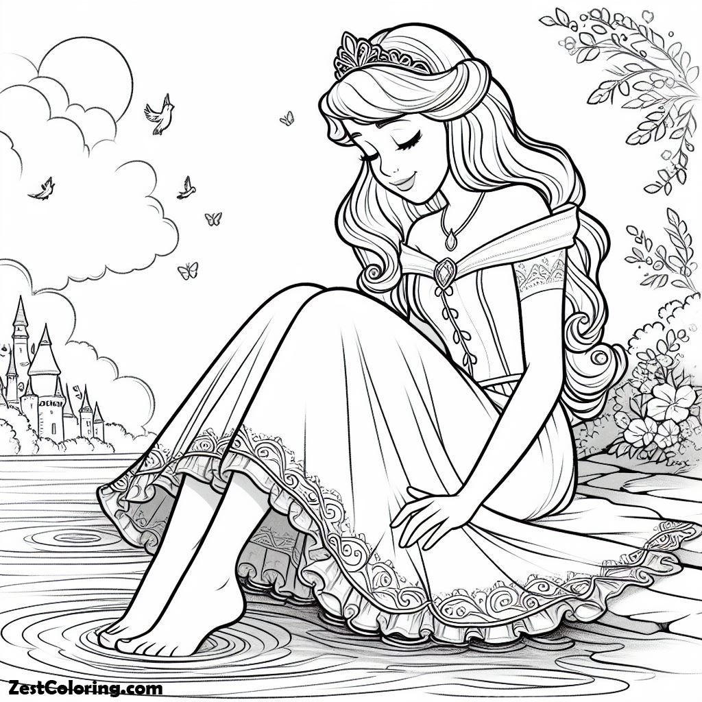 Sleeping Beauty, Princess Aurora Put Her Feet In Water In Sleeping Beauty Coloring Page: Princess Aurora Put Her Feet In Water In Sleeping Beauty Coloring PageFull Size Image