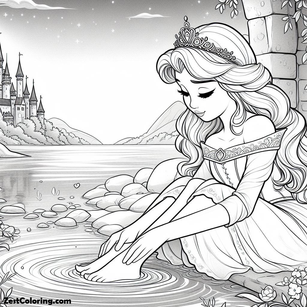 Sleeping Beauty, Princess Aurora Put Her Feet In Water Of The River In Sleeping Beauty Coloring Page: Princess Aurora Put Her Feet In Water Of The River In Sleeping Beauty Coloring PageFull Size Image
