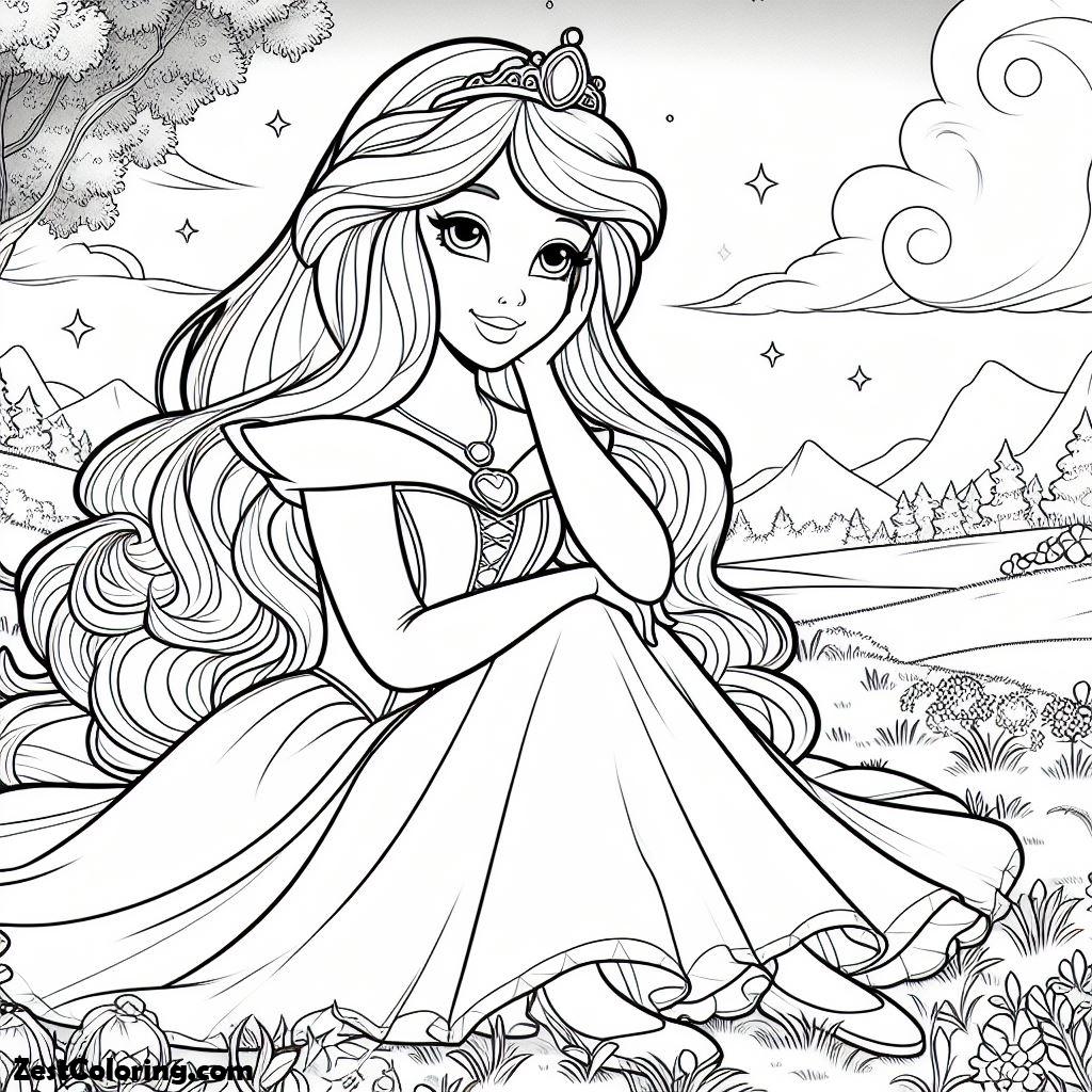 Sleeping Beauty, Princess Aurora Sitting On The Grass In Sleeping Beauty Coloring Page: Princess Aurora Sitting On The Grass In Sleeping Beauty Coloring PageFull Size Image