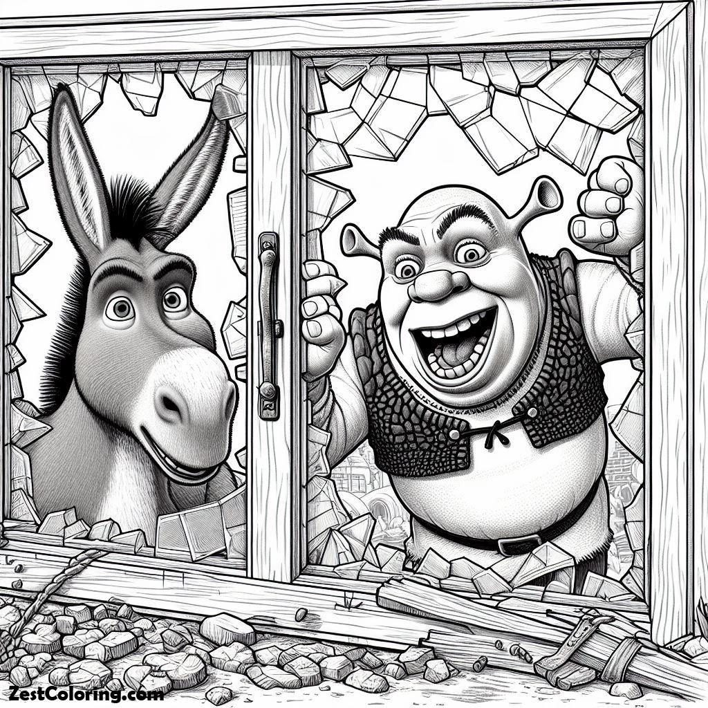 shrek, Shrek And Donkey Break Through Glass Window Coloring Page: Shrek And Donkey Break Through Glass Window Coloring PageFull Size Image