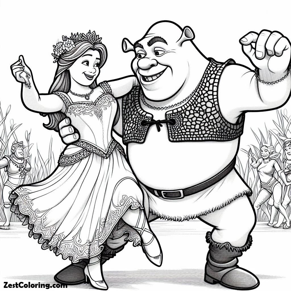 Shrek And Princess Fiona Dance With Happy Coloring Page Coloring For shrek-and-princess-fiona-dance-with-happy-coloring-page-coloring-for