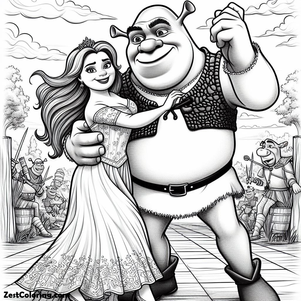 shrek, Shrek And Princess Fiona Dancing Coloring Page: Shrek And Princess Fiona Dancing Coloring PageFull Size Image
