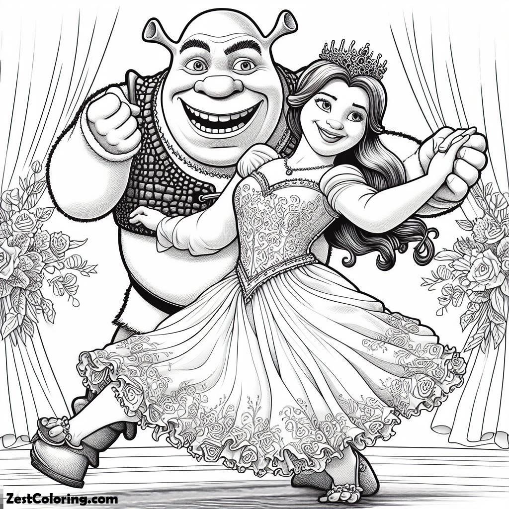 shrek, Shrek And Princess Fiona Do The Tango Coloring Page: Shrek And Princess Fiona Do The Tango Coloring PageFull Size Image