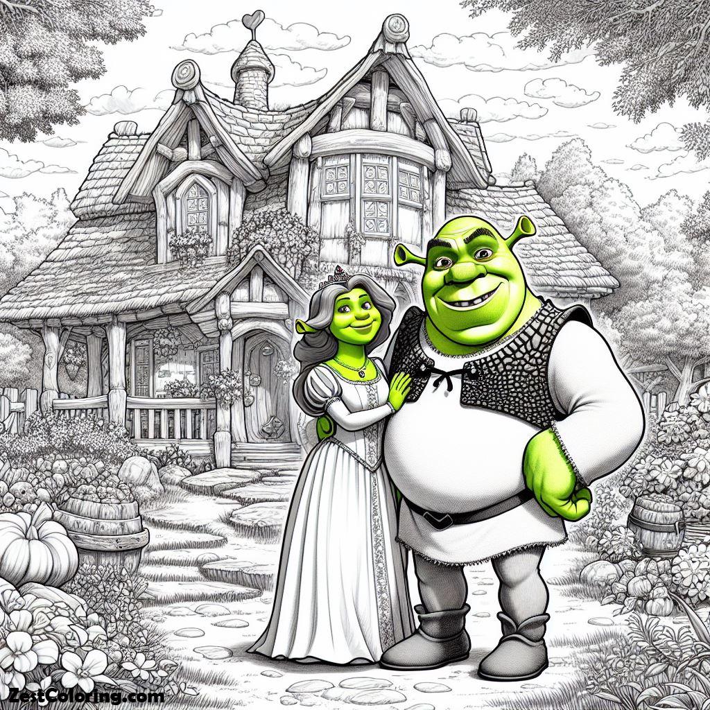 shrek, Shrek And Princess Fiona In Front Of Their House Coloring Page: Shrek And Princess Fiona In Front Of Their House Coloring PageFull Size Image