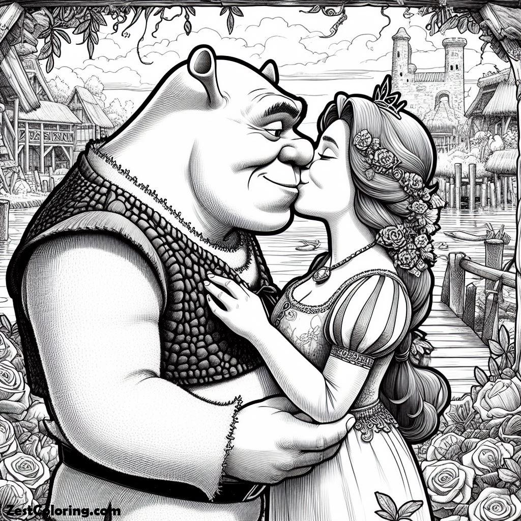 shrek, Shrek And Princess Fiona Kissing Coloring Page: Shrek And Princess Fiona Kissing Coloring PageFull Size Image