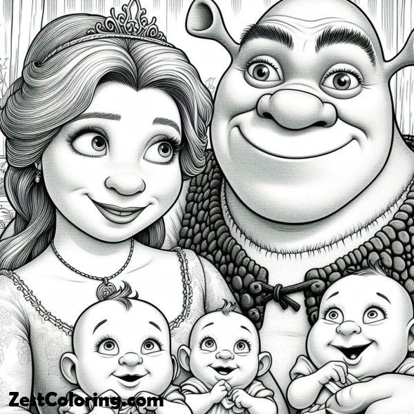 shrek, : Shrek And Princess Fione With Their Babies Coloring Page