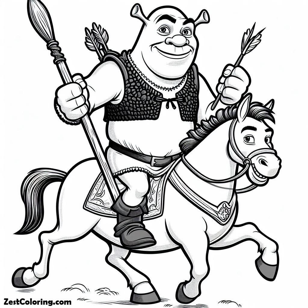 shrek, Shrek And The Donkey Ready To Hunt Coloring Page: Shrek And The Donkey Ready To Hunt Coloring PageFull Size Image