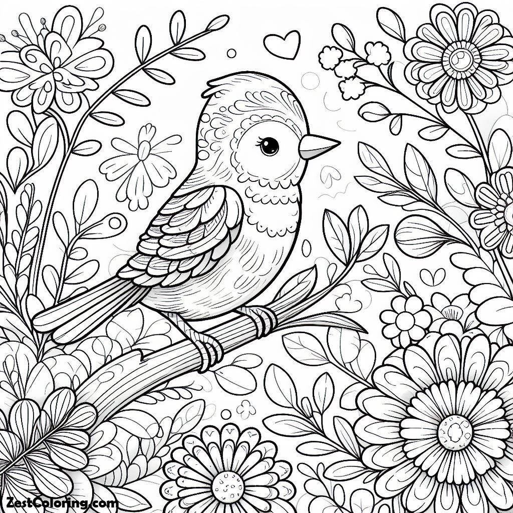 Bird, A Beautiful Bird Among Beautiful Flowers Coloring Page: A Beautiful Bird Among Beautiful Flowers Coloring PageFull Size Image
