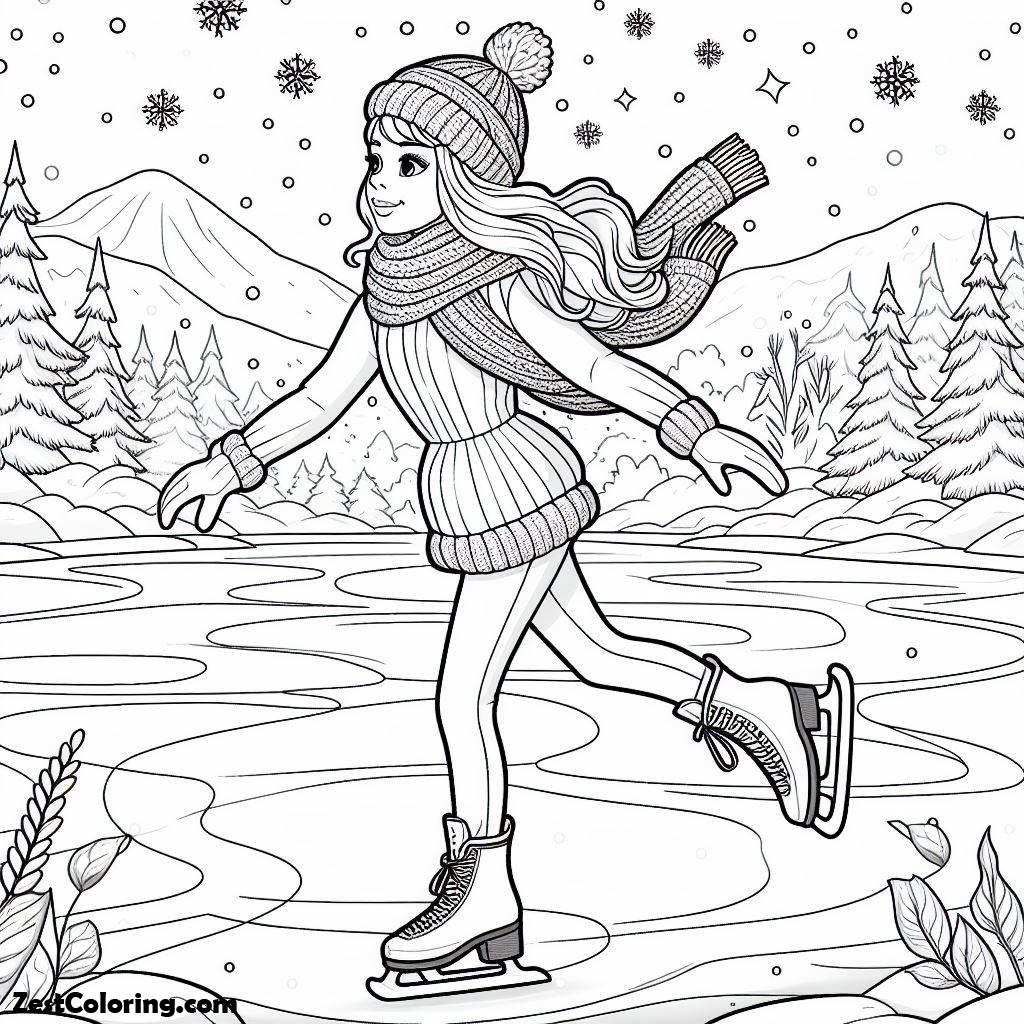 Winter, A Beauty Girl Is Ice Skating On Frozen Lake Coloring Page: A Beauty Girl Is Ice Skating On Frozen Lake Coloring PageFull Size Image