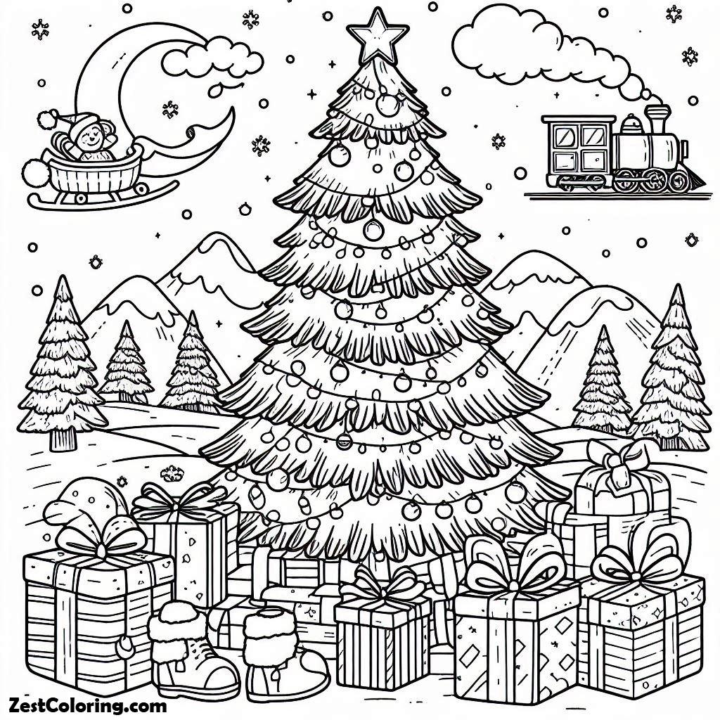 Christmas Tree, A Big Christmas Tree And Christmas Presents Coloring Page: A Big Christmas Tree And Christmas Presents Coloring PageFull Size Image