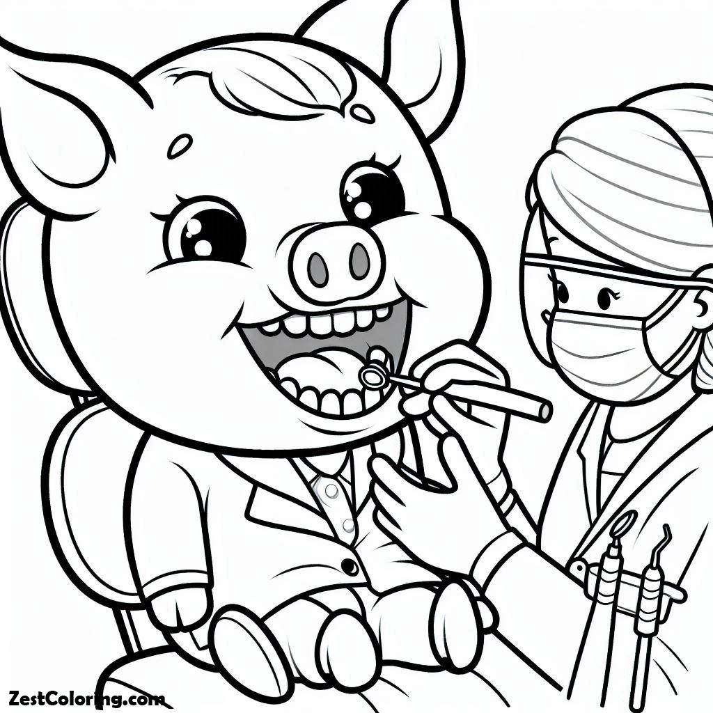 Dental Health, A Big Pig Checking For Cavities In Dental Health, Coloring Page: A Big Pig Checking For Cavities In Dental Health, Coloring PageFull Size Image