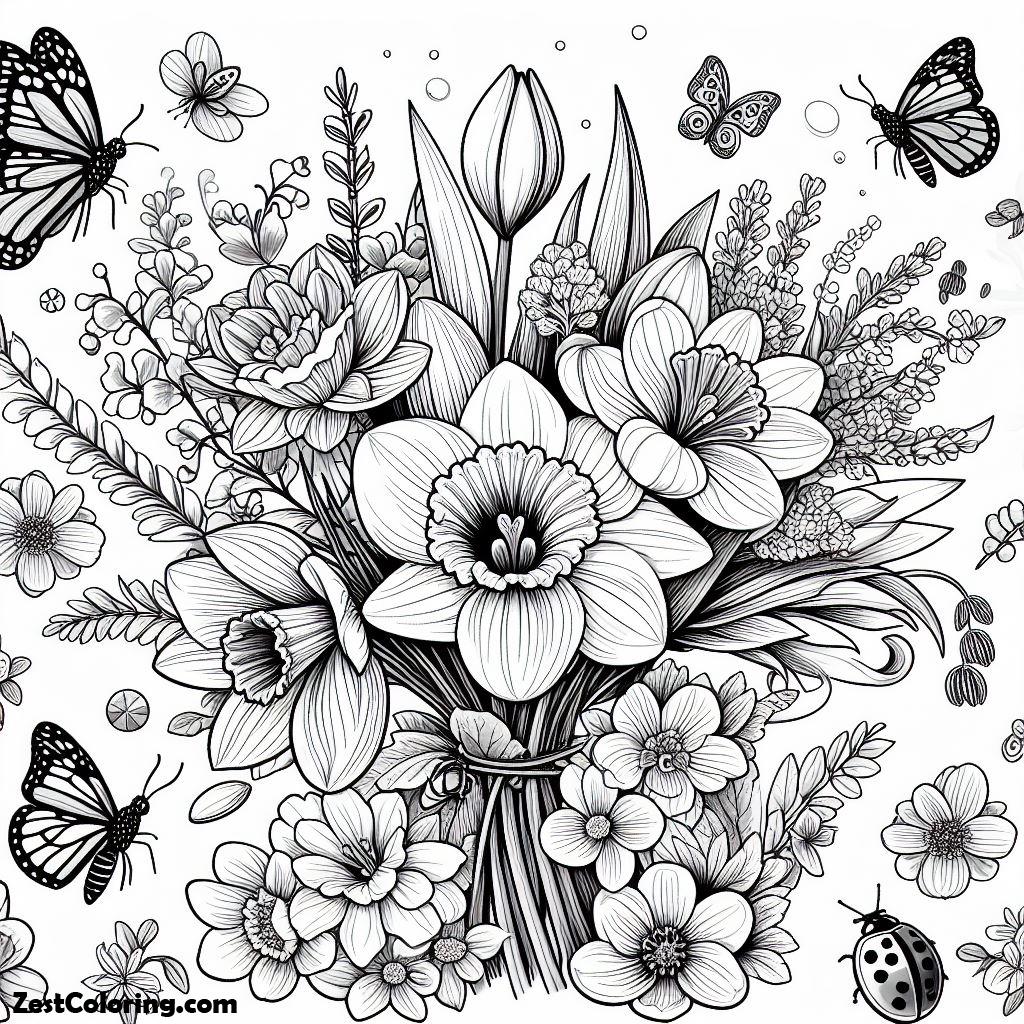 Spring Flower, A Bouquet Spring Flowers Coloring Page: A Bouquet Spring Flowers Coloring PageFull Size Image