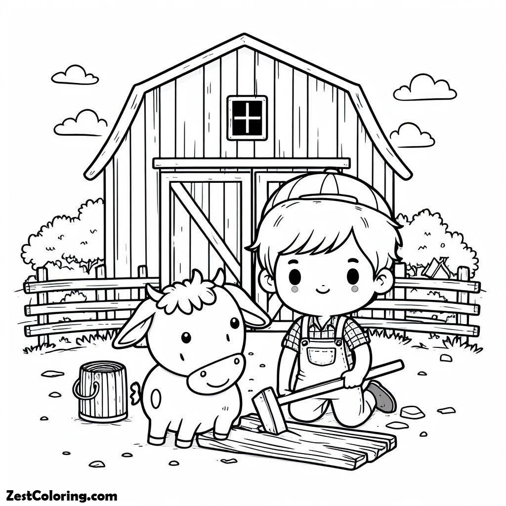 Barn, A Boy And A Calf At Barn Coloring Page: A Boy And A Calf At Barn Coloring PageFull Size Image