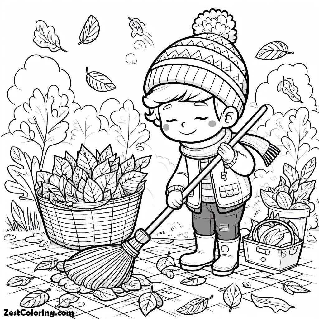 Autumn, A Boy Clean Up Leaves In Autumn Coloring Page: A Boy Clean Up Leaves In Autumn Coloring PageFull Size Image