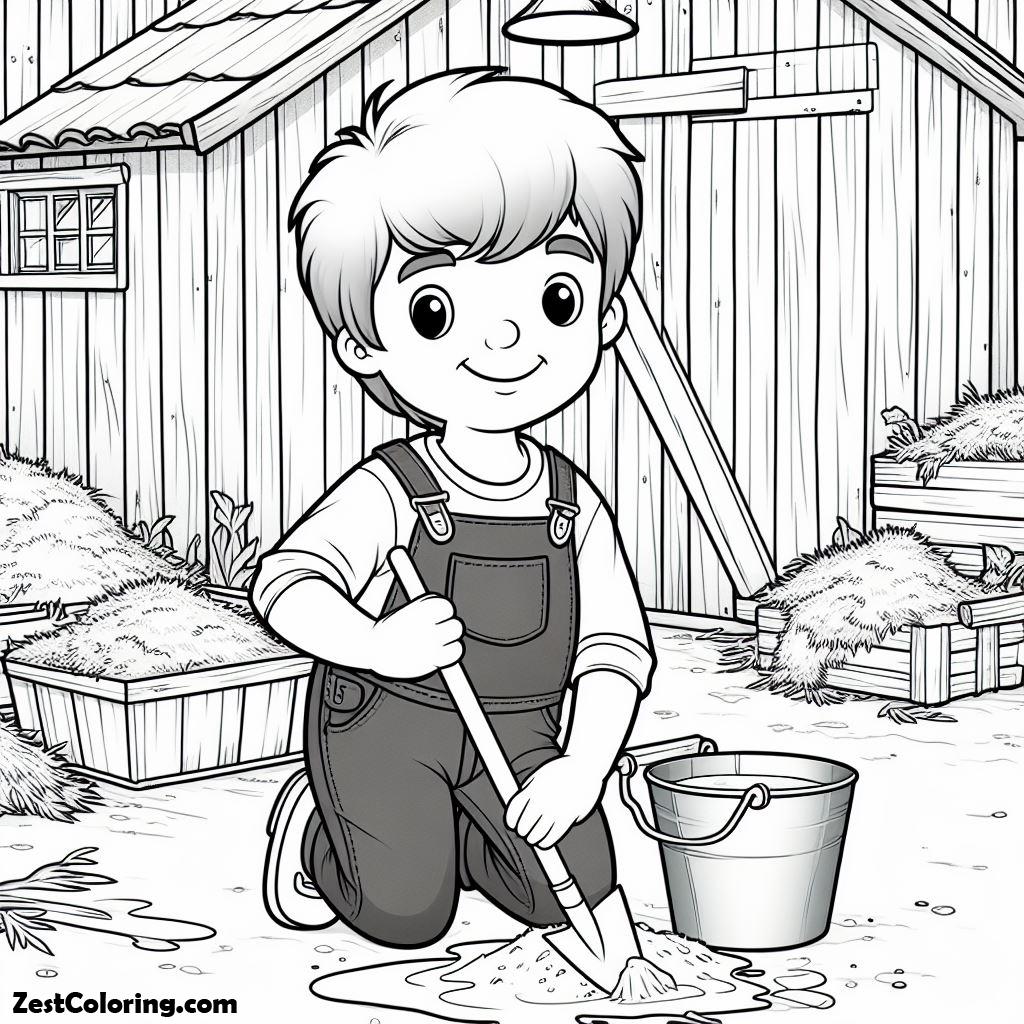 Barn, A Boy Enjoyed His Work At Barn Coloring Page: A Boy Enjoyed His Work At Barn Coloring PageFull Size Image