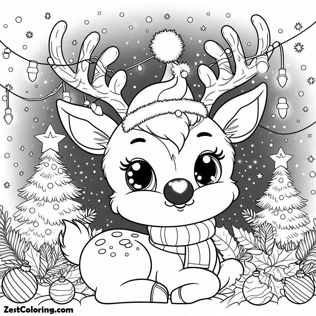 Christmas, A Cute Christmas Reindeer With Glowing Nose On Christmas Coloring Page: A Cute Christmas Reindeer With Glowing Nose On Christmas Coloring PageFull Size Image