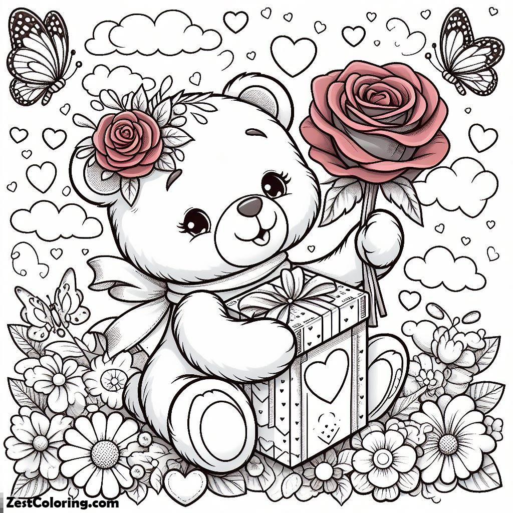 Teddy Bear, A Girl Bear Looks So Happy When Receives A Rose From Teddy Bear Coloring Page: A Girl Bear Looks So Happy When Receives A Rose From Teddy Bear Coloring PageFull Size Image