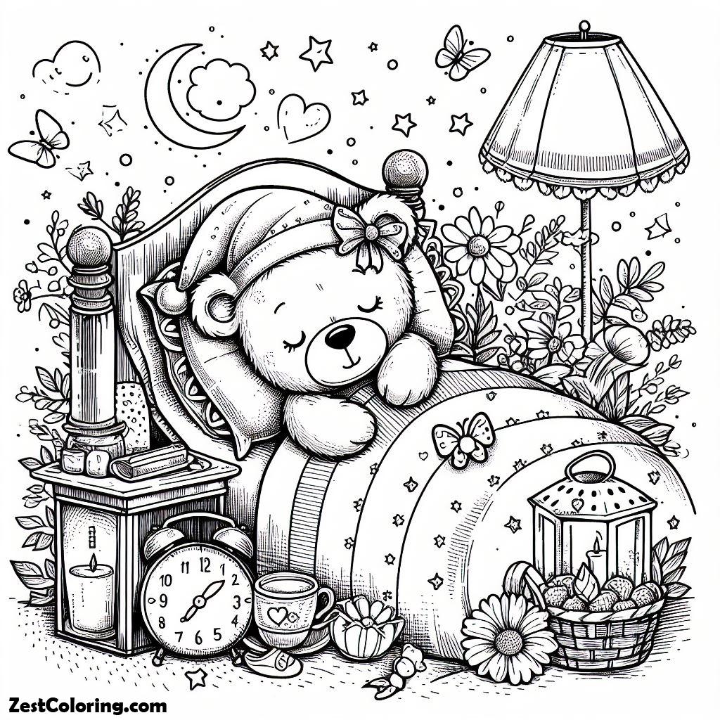 Teddy Bear, A Girl Bear Sleep Tight In Teddy Bear Coloring Page: A Girl Bear Sleep Tight In Teddy Bear Coloring PageFull Size Image