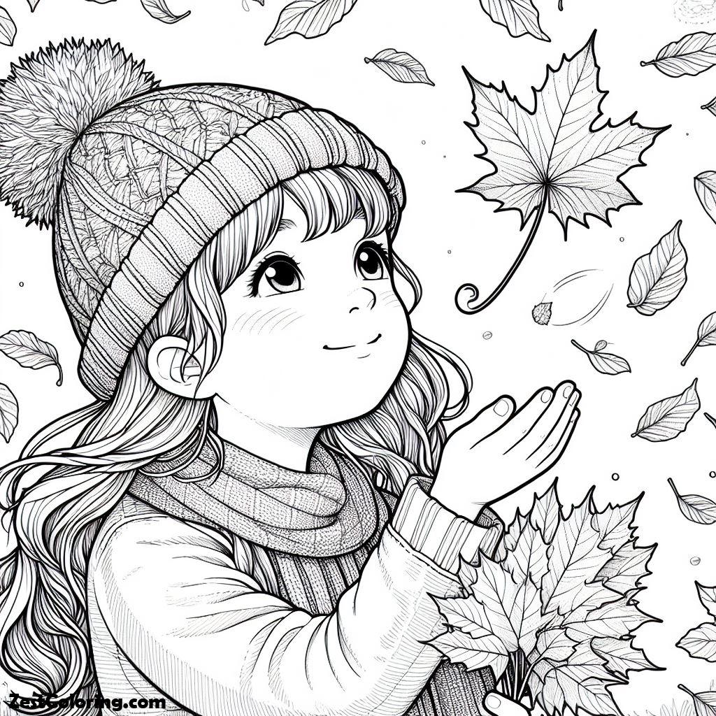 Autumn, A Girl Catching Autumn Leaf Coloring Page: A Girl Catching Autumn Leaf Coloring PageFull Size Image