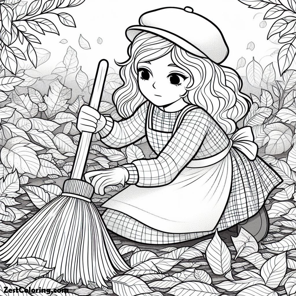 Autumn, A Girl Clean Up Leaves In Autumn Coloring Page: A Girl Clean Up Leaves In Autumn Coloring PageFull Size Image