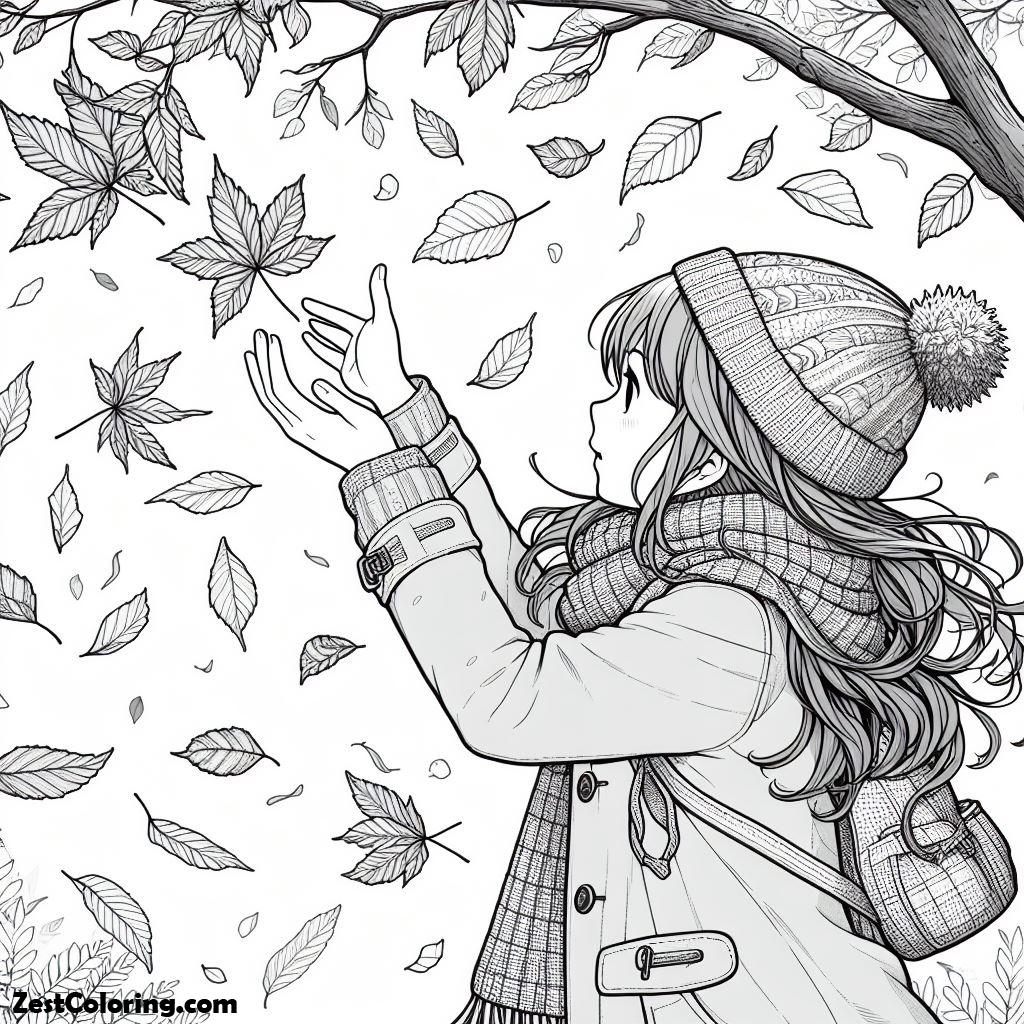 Autumn, A Girl Fascinated By Autumn Leaves Coloring Pages: A Girl Fascinated By Autumn Leaves Coloring PagesFull Size Image