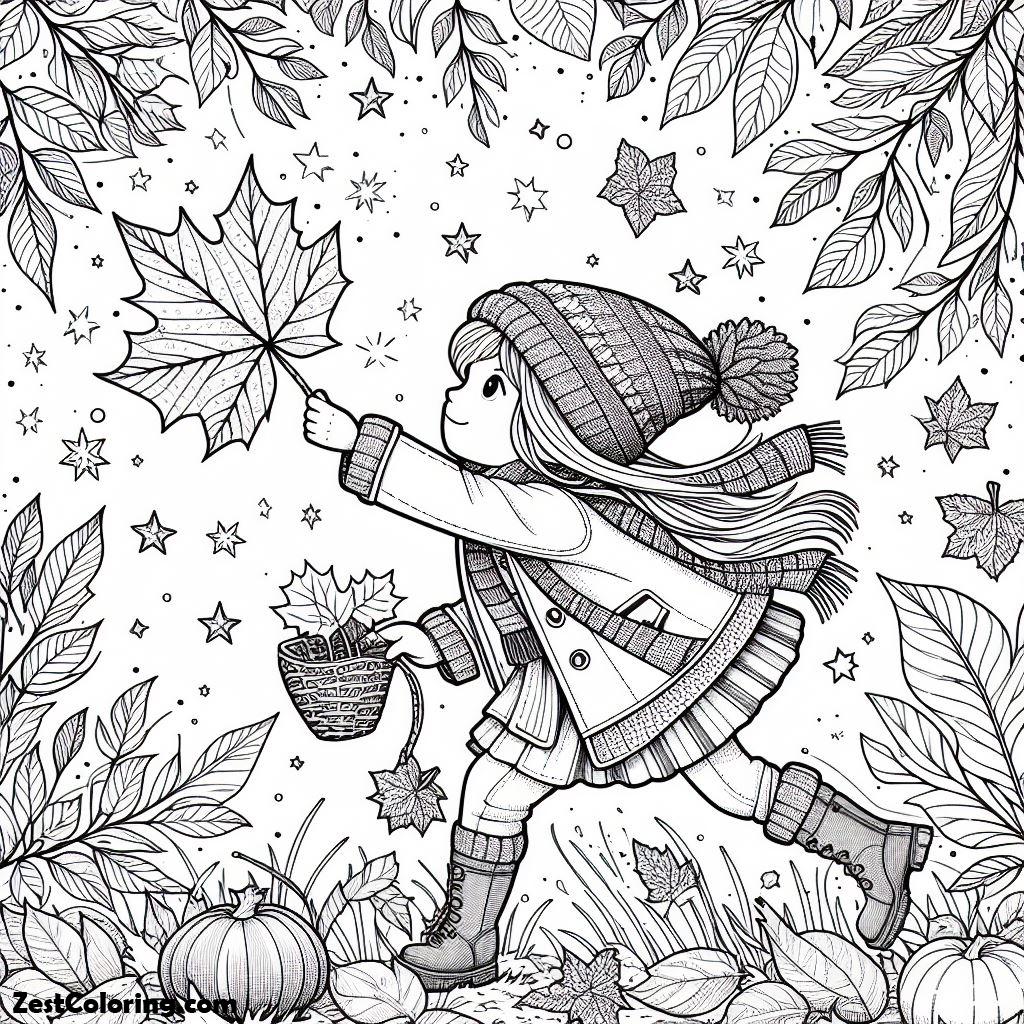 Autumn, A Girl Playing With Autumn Leaf Coloring Page: A Girl Playing With Autumn Leaf Coloring PageFull Size Image
