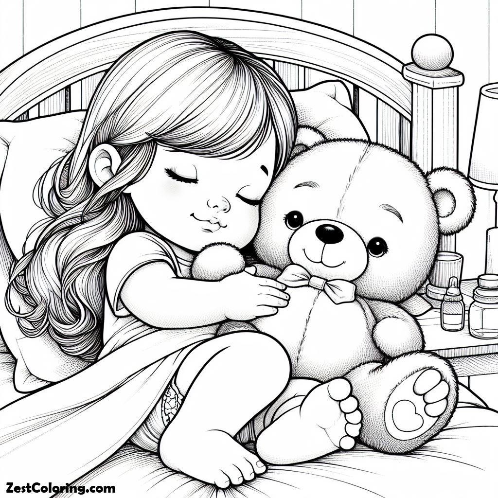 Teddy Bear, A Little Girl Falls Asleep While Hugging A Teddy Bear Coloring Page: A Little Girl Falls Asleep While Hugging A Teddy Bear Coloring PageFull Size Image