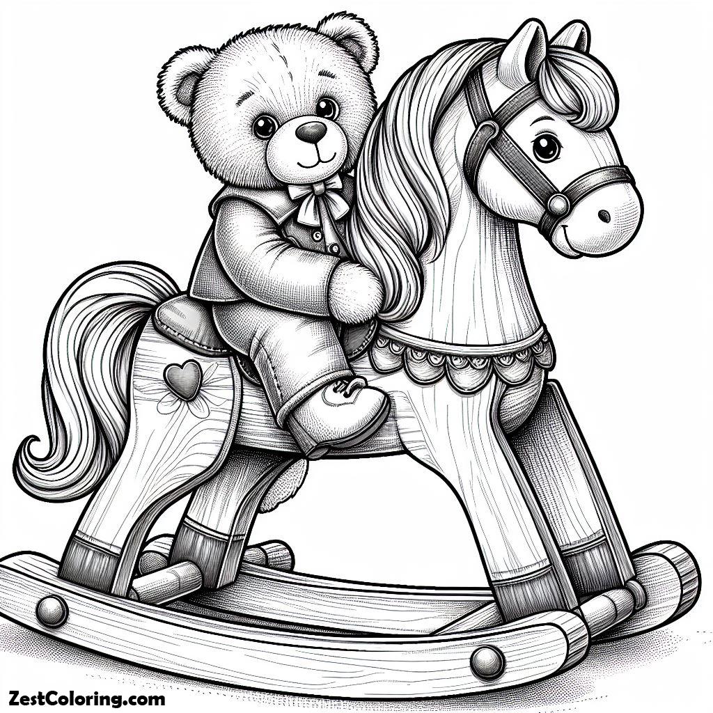 Teddy Bear, A Little Teddy Bear Playing On Wooden Pony Coloring Page: A Little Teddy Bear Playing On Wooden Pony Coloring PageFull Size Image