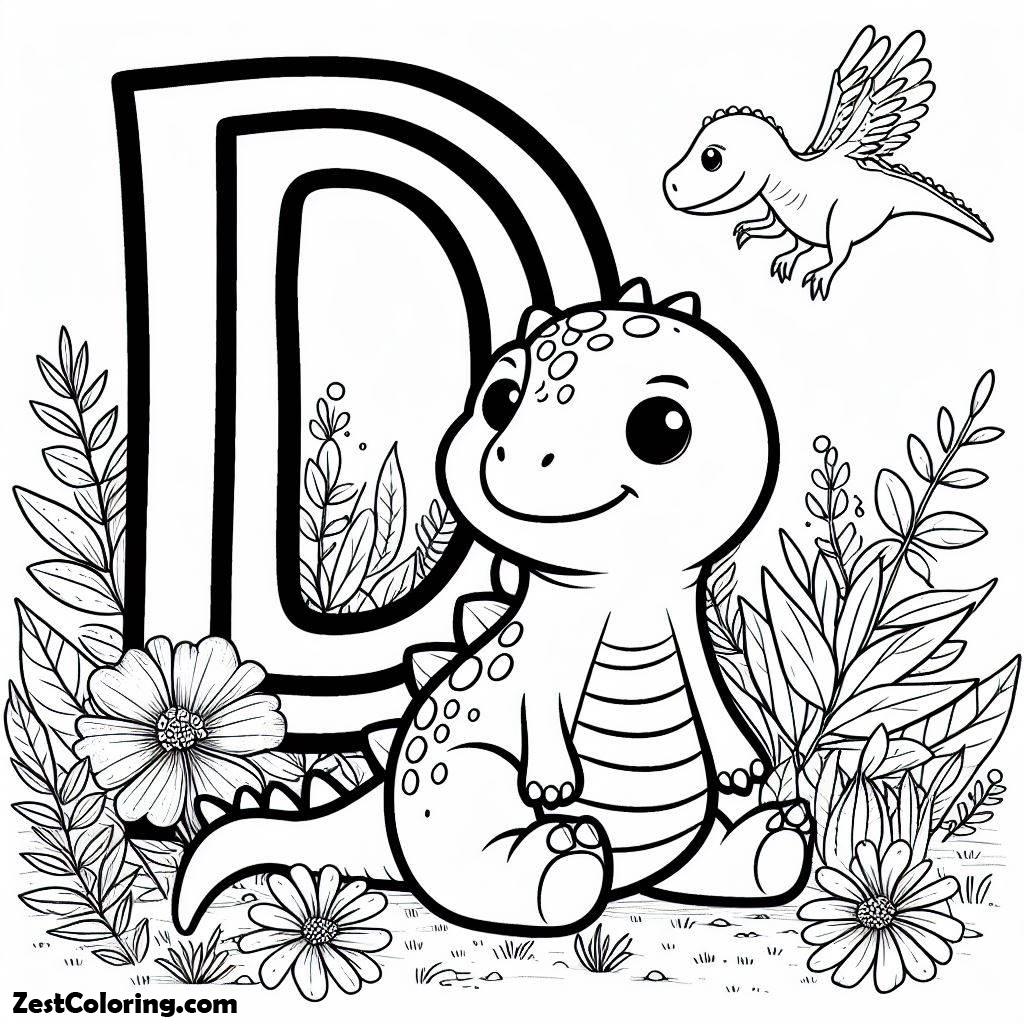 Alphabet D, Alphabet D For Cute Dino Coloring Page: Alphabet D For Cute Dino Coloring PageFull Size Image