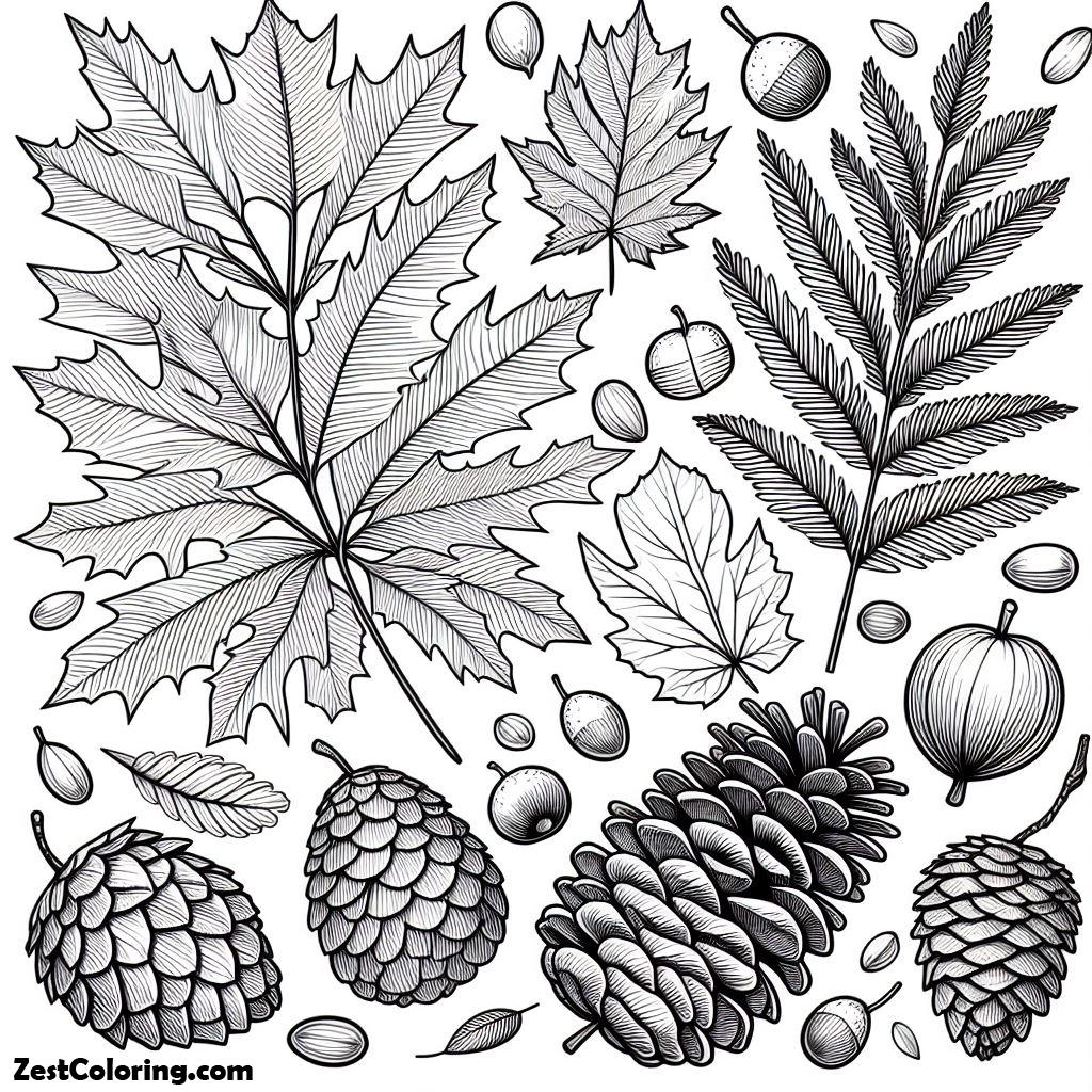 Autumn, Amazing Autumn Leaves And Pine Fruit Coloring Page: Amazing Autumn Leaves And Pine Fruit Coloring PageFull Size Image