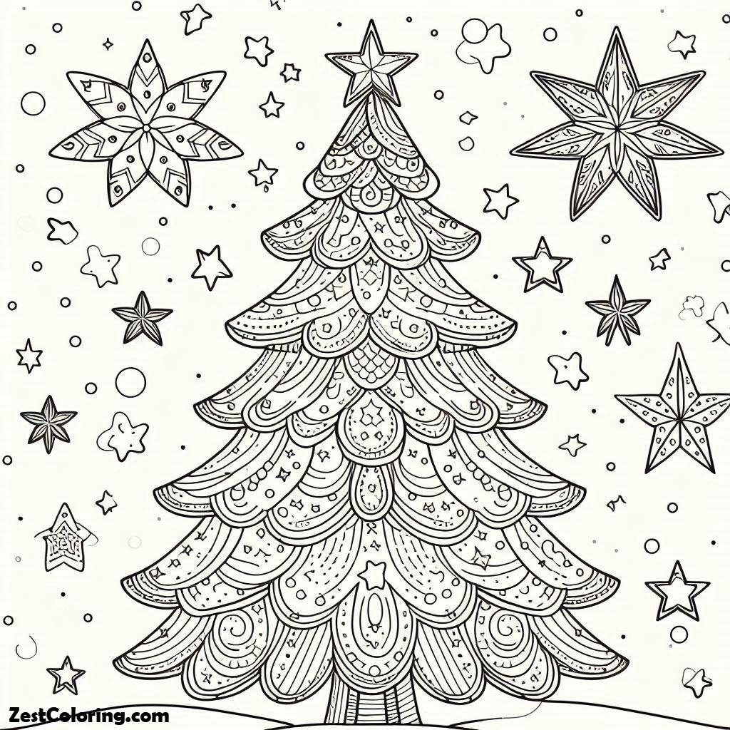 Christmas Tree, Amazing Decorate Of Christmas Tree With Stars Around It Coloring Page: Amazing Decorate Of Christmas Tree With Stars Around It Coloring PageFull Size Image