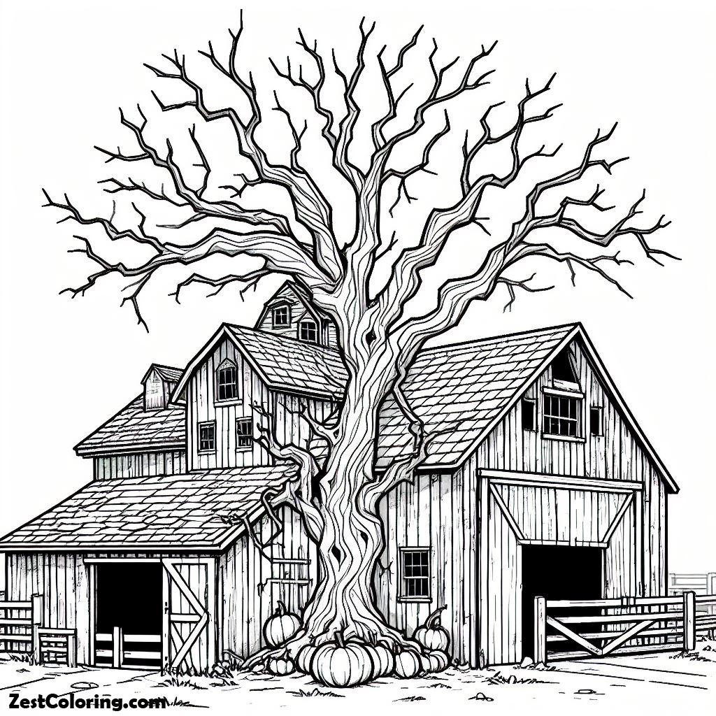 Barn, An Old Barn With Dead Tree Coloring Page: An Old Barn With Dead Tree Coloring PageFull Size Image