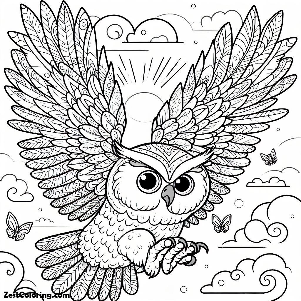 Bird, An Owl Bird Flying Seeking For Prey Coloring Page: An Owl Bird Flying Seeking For Prey Coloring PageFull Size Image