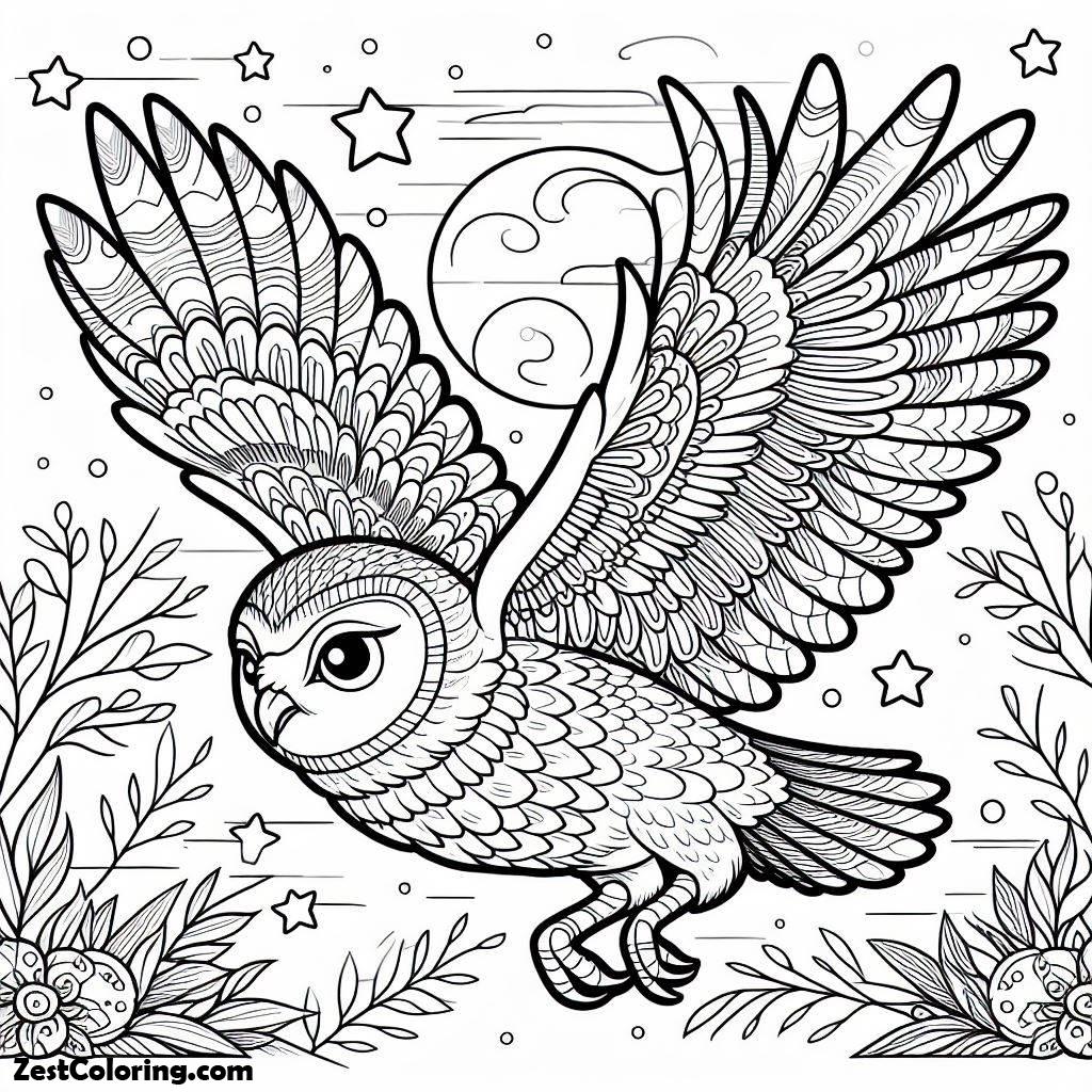 Bird, An Owl Flies Down Looking For Prey Coloring Page: An Owl Flies Down Looking For Prey Coloring PageFull Size Image