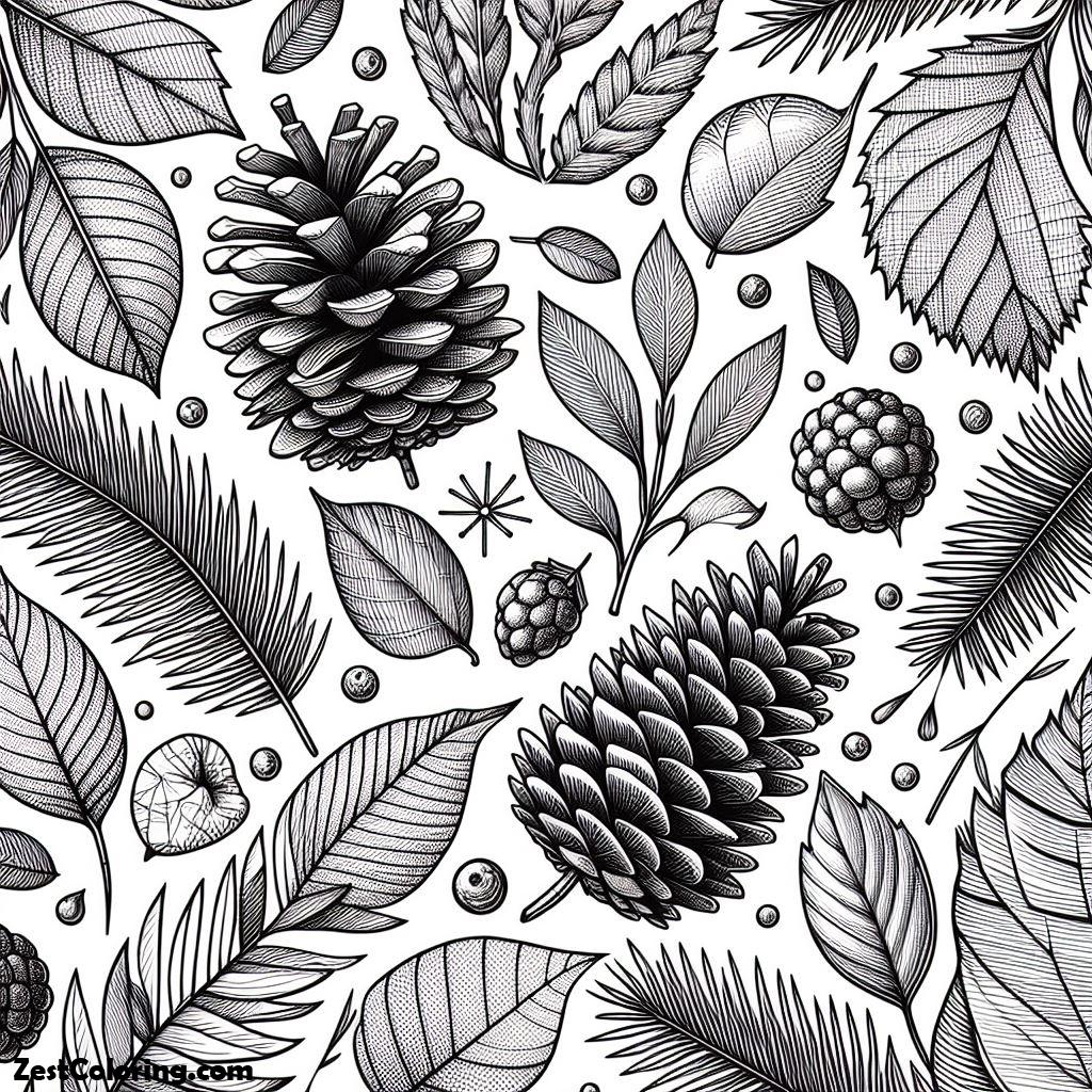 Autumn, Autumn Leaves And Pine Fruit Coloring Page: Autumn Leaves And Pine Fruit Coloring PageFull Size Image