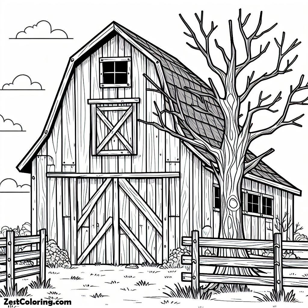 Barn, Barn With Dead Tree Coloring Page: Barn With Dead Tree Coloring PageFull Size Image