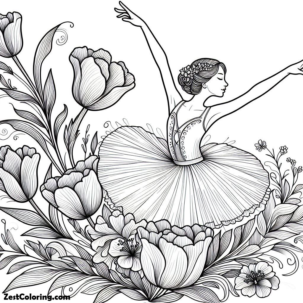 Ballerina, Beautiful Art Of Ballerina Around The Flower Coloring Page: Beautiful Art Of Ballerina Around The Flower Coloring PageFull Size Image
